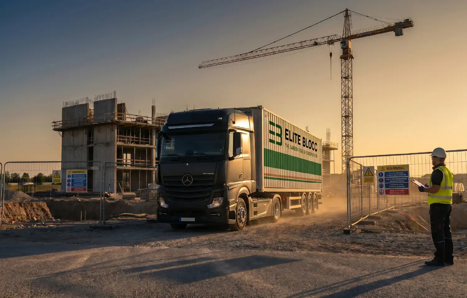 Elite Blocc branded delivery truck leaving a live construction site at golden hour, with a tower crane and a partially built concrete structure.